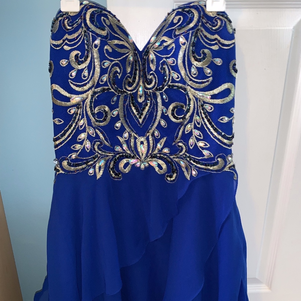 Clarisse strapless blue beaded homecoming dress